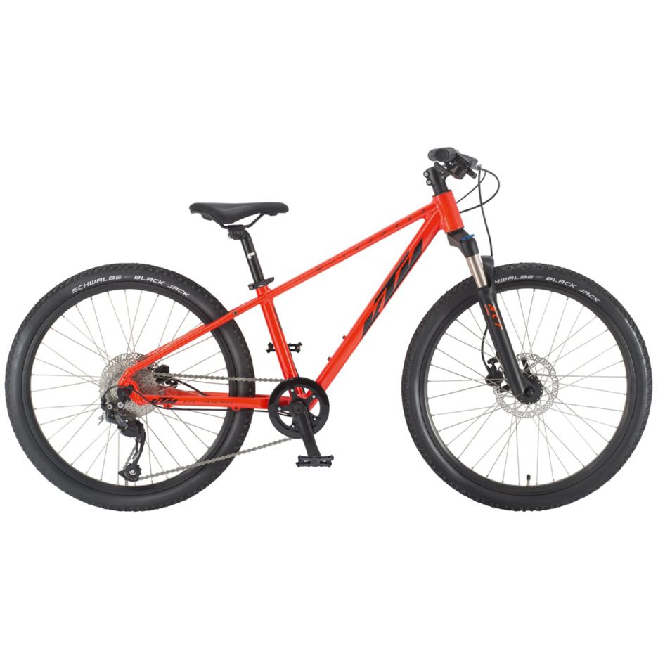 Bicicletă copii KTM Wild Speed Disc 24 inch, culoare oranj și negru, cadru aluminiu cu furcă suspendată Suntour și frâne hidraulice disc Tektro