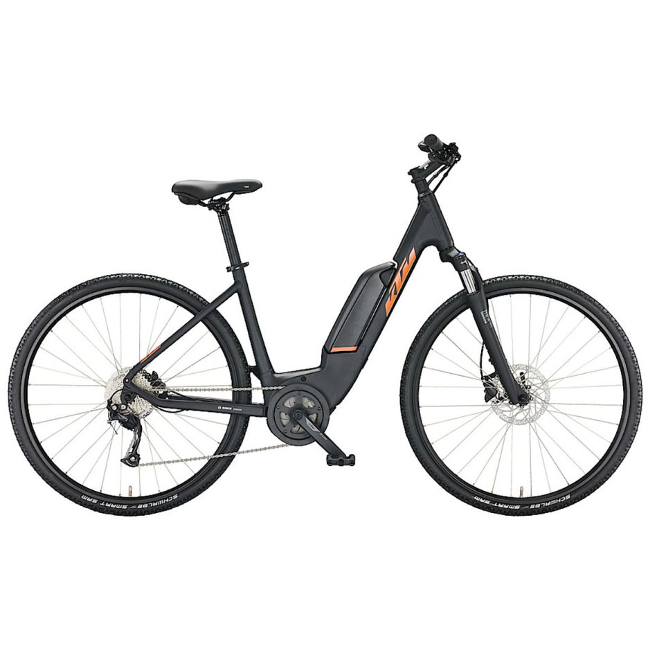 Bicicletă electrică KTM Macina Cross A410 culoare negru, cadru aluminiu low-step pentru femei, motor Bosch Active 250W cu baterie integrată 400Wh, vedere laterală