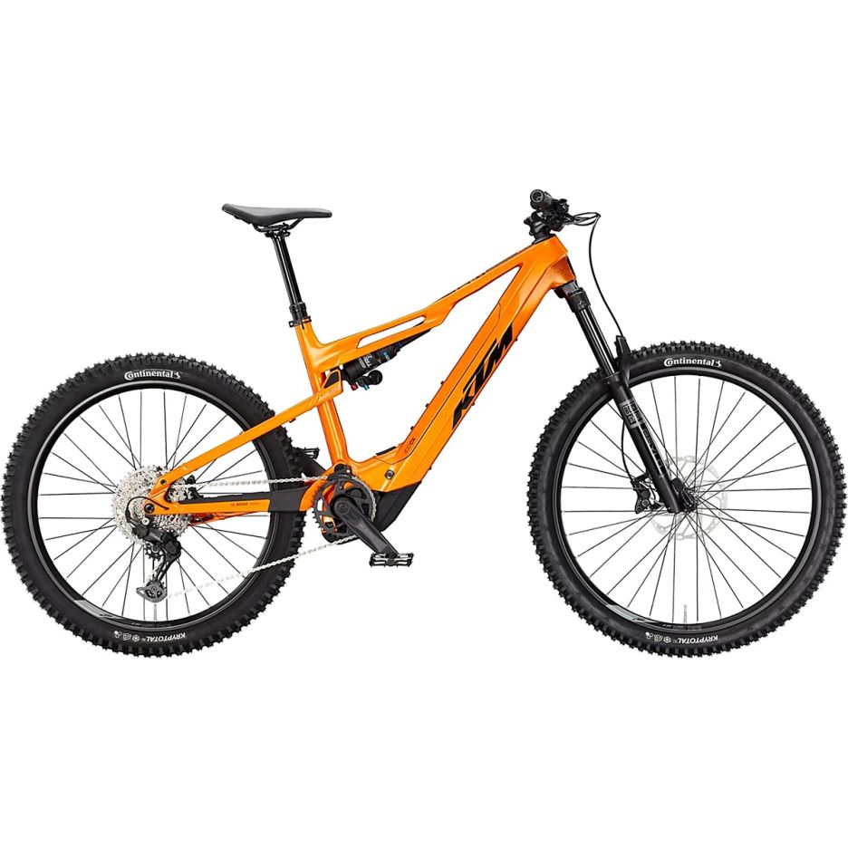Bicicletă electrică KTM Macina Kapoho 8973 culoare portocaliu, full suspension cadru aluminiu 160mm, motor Bosch Performance CX 85Nm, roți DiMMiX 29 față 27.5 spate, vedere laterală