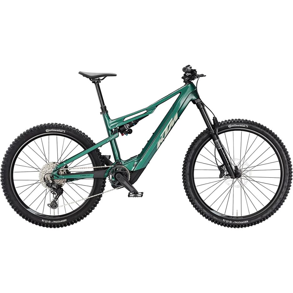 Bicicletă electrică KTM Macina Kapoho 8973 culoare verde, full suspension cadru aluminiu 160mm SLL, motor Bosch Performance CX 85Nm, roți DiMMiX 29 față 27.5 spate, vedere laterală