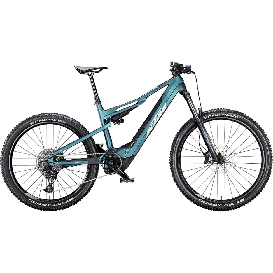 Bicicletă electrică KTM Macina Kapoho 8973 Light culoare albastru, full suspension aluminiu 160mm, motor Bosch CX 85Nm, roți DiMMiX 29/27.5, lumini integrate Litemove față Supernova spate, vedere laterală