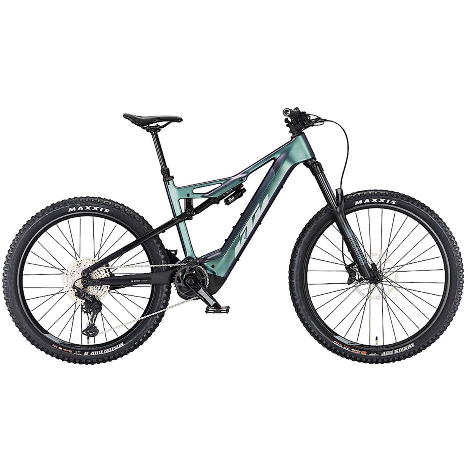 Bicicletă electrică KTM Macina Kapoho Elite culoare verde, full suspension cadru carbon 160mm, motor Bosch Performance CX Gen.4 Smart System, furcă RockShox 35, roți DiMMiX 29 față 27.5 spate, vedere laterală