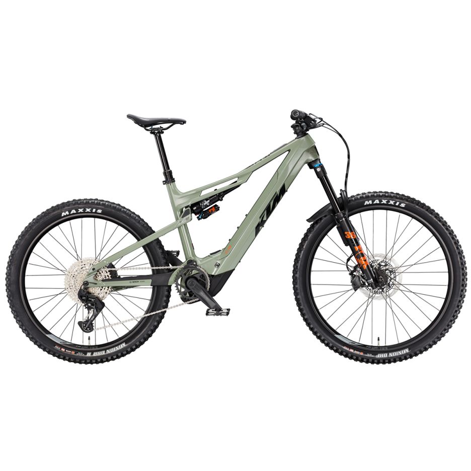 Bicicletă electrică KTM Macina Kapoho Master ABS culoare verde, full suspension carbon 160mm, sistem ABS Bosch integrat, furcă FOX 36 Float, frâne Magura MT7 ABS Pro, lumini Litemove și Supernova, vedere laterală