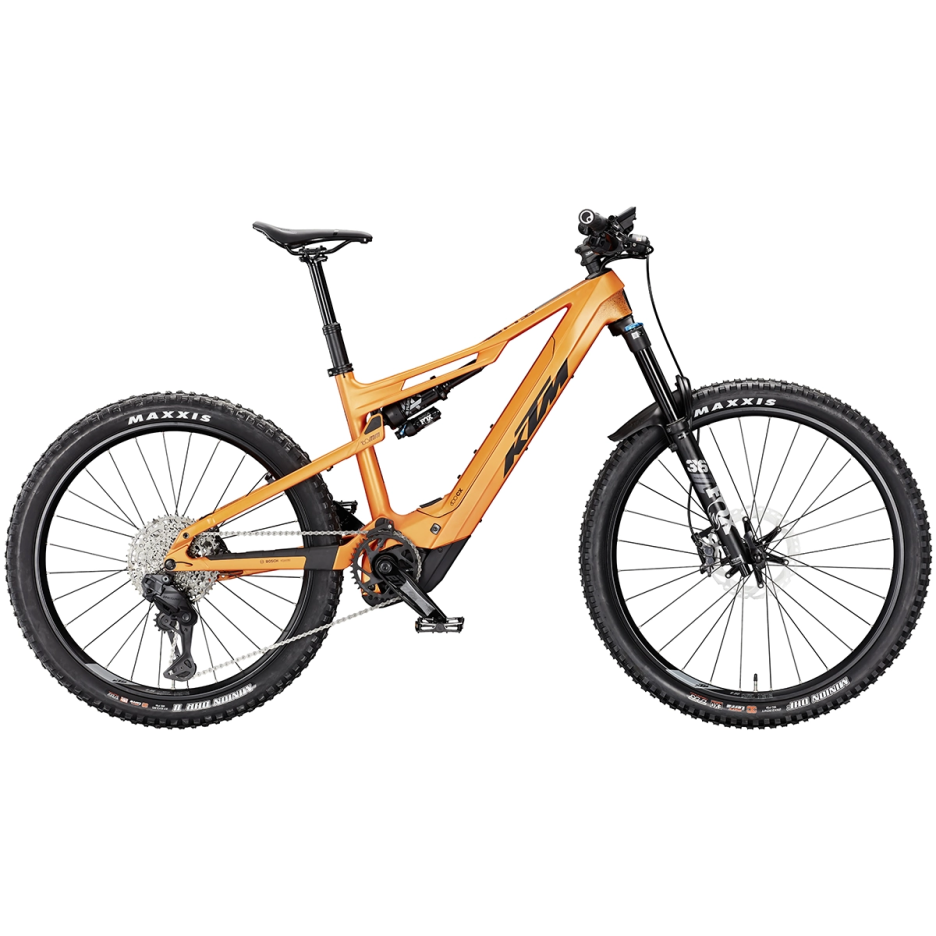 Bicicletă electrică KTM Macina Kapoho PRO Light culoare portocaliu, full suspension carbon 160mm, furcă FOX 36 Float 160mm, motor Bosch CX 85Nm, lumini integrate Litemove față Supernova spate, vedere laterală