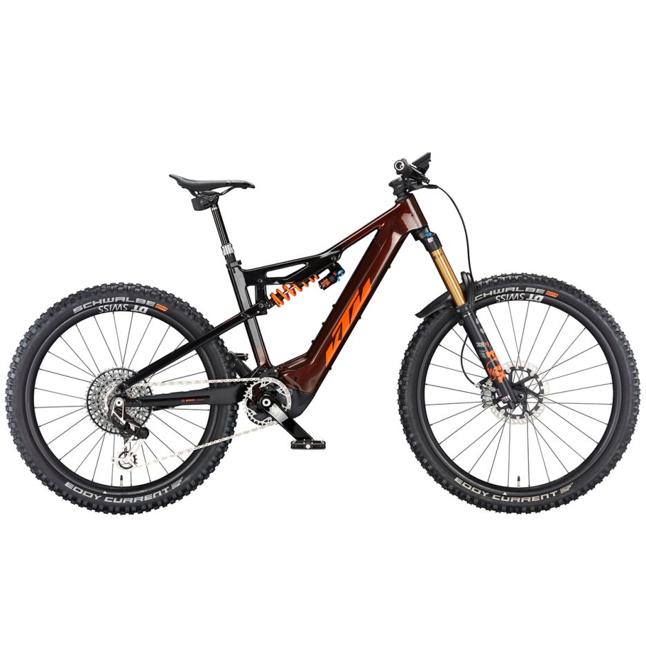 Bicicletă electrică KTM Macina Prowler Exonic culoare portocaliu, full suspension carbon SLL-LTE 170mm, furcă FOX 38 Float Factory 180mm, motor Bosch CX RACE Gen.4 Smart System, grupaj SRAM XX Eagle T-Type AXS wireless, vedere laterală