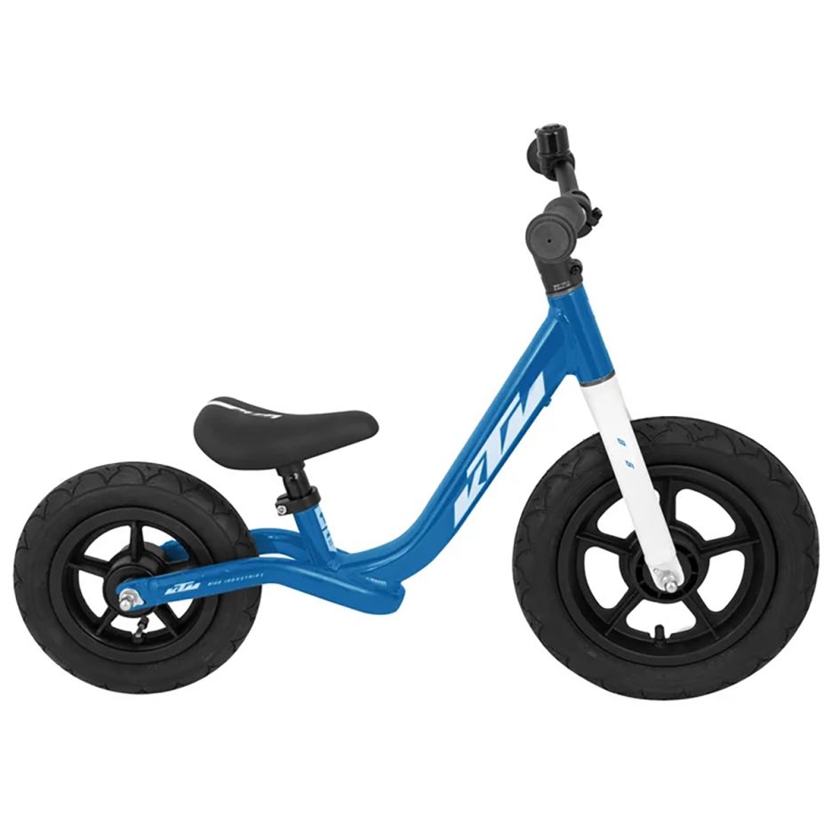 Bicicletă fără pedale KTM Wild Buddy 10 inch culoare albastru și alb, cadru aluminiu ușor pentru copii mici, vedere laterală