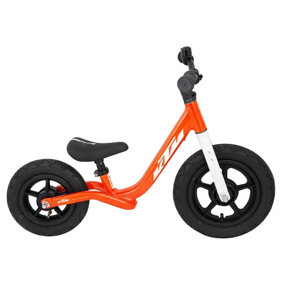 Bicicletă fără pedale KTM Wild Buddy 10 inch culoare oranj și alb, cadru aluminiu ușor pentru copii 1.5-3 ani, vedere laterală
