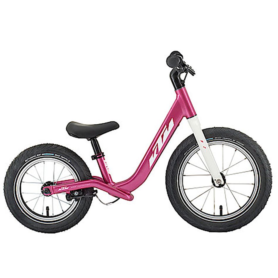 Bicicletă fără pedale KTM Wild Buddy 12 inch culoare mov și alb, cadru aluminiu pentru fetițe 2-4 ani, vedere laterală