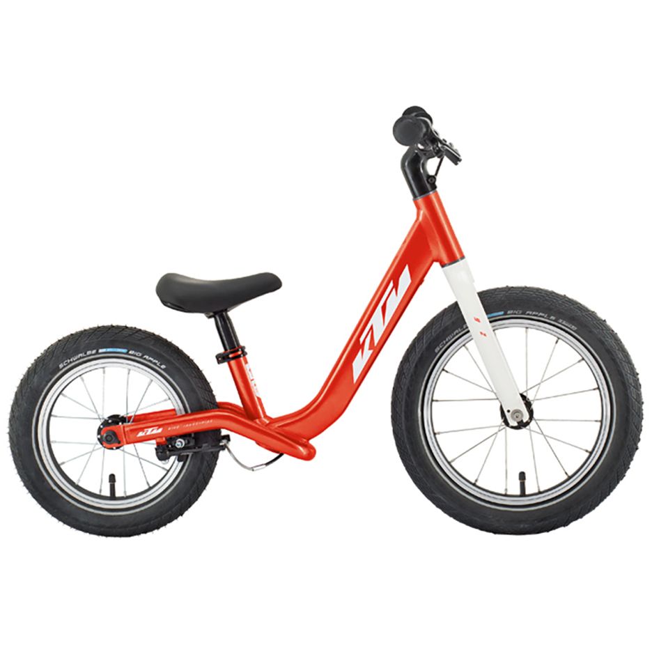 Bicicletă fără pedale KTM Wild Buddy 12 inch culoare oranj și alb, cadru aluminiu pentru copii 2-4 ani, vedere laterală