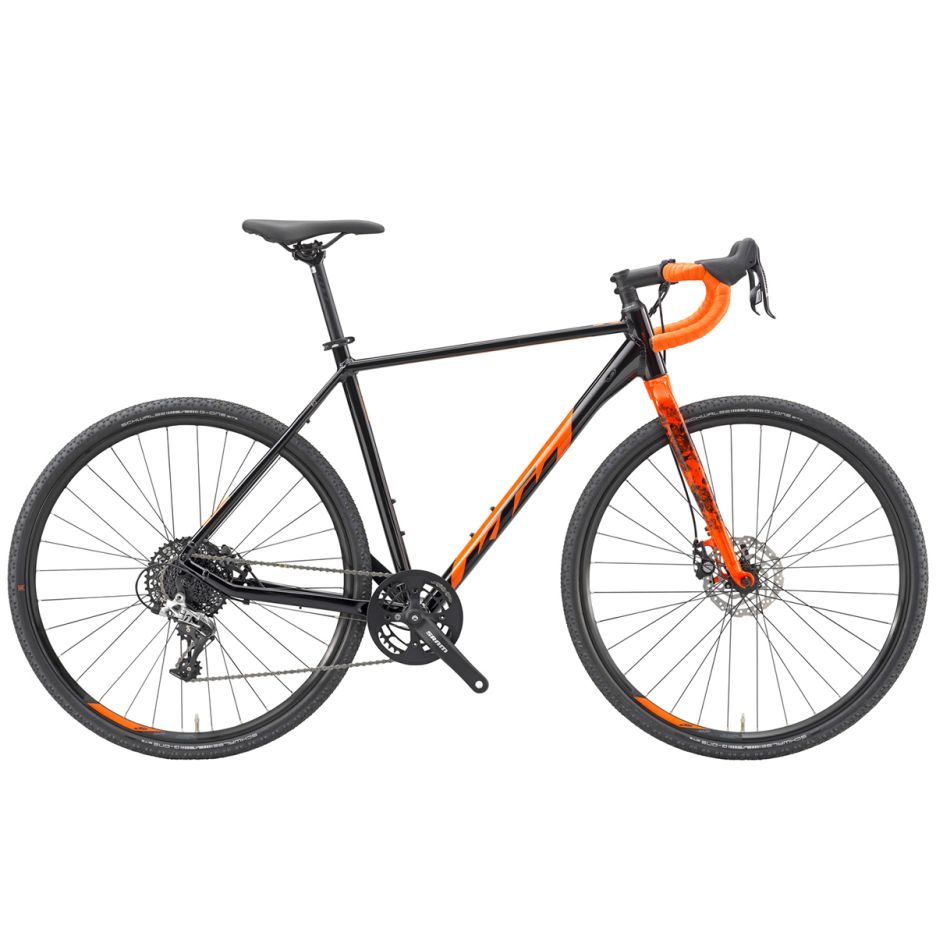 Bicicletă gravel KTM X-Strada 30 culoare negru, cadru aluminiu Alloy 6061 28 inch, furcă rigidă gravel alloy, transmisie SRAM Rival1 11v 1x11 casetă 11-42T, frâne disc Tektro MD-C400, anvelope Maxxis Rambler 45-622, ghidon drop bar, vedere laterală