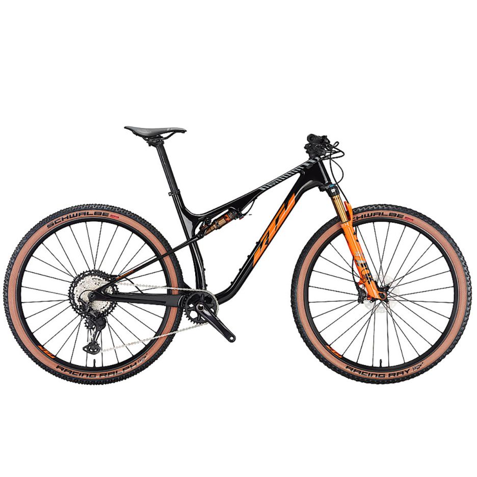 Bicicletă MTB full suspension KTM Scarp Master culoare negru, cadru carbon Premium SLL 95mm, furcă FOX 32 Float SC Factory 100mm remote, amortizor FOX Float DPS Factory, transmisie Shimano Deore XT 12v, roți KTM Comp Trail DT Swiss, anvelope Schwalbe Raci