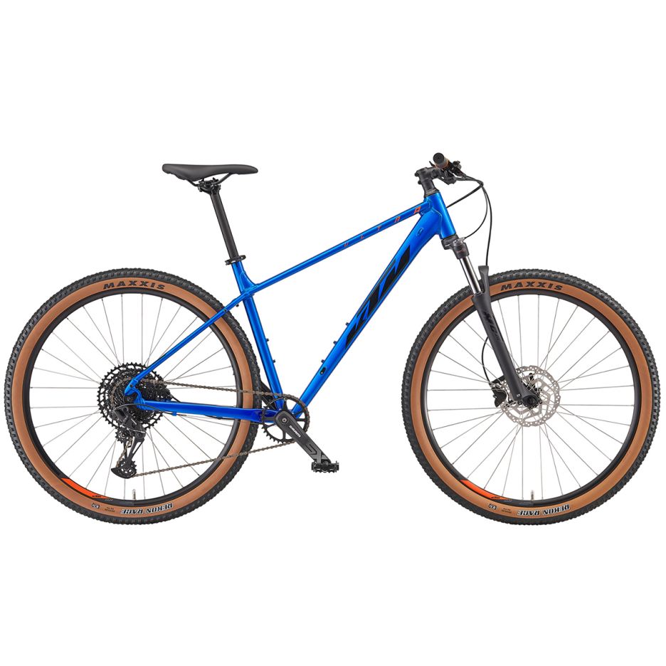 Bicicletă MTB hardtail KTM Ultra Fun 29 culoare albastru, cadru aluminiu Alloy 6061 29 inch, furcă Suntour XCM coil 100mm, transmisie SRAM SX Eagle 12v, frâne Tektro hidraulice disc, anvelope Maxxis Rekon Race, vedere laterală