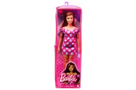 Papusa barbie fashionista satena cu rochie roz cu buline