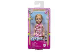 barbie papusa chelsea blonda cu rochita roz in carouri