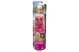 Barbie papusa clasica blonda cu rochita roz cu imprimeu cu fluturi