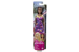 Barbie papusa clasica bruneta cu rochita mov cu imprimeu cu fluturi