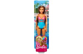 Papusa barbie satena cu costum de baie rosu-albastru