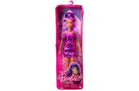 Papusa barbie fashionista cu par mov cu rochie cu umeri bufanti