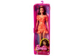 Papusa barbie fashionista bruneta cu rochie rosie cu flori