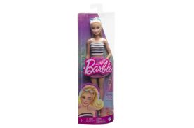 Papusa barbie fashionista blonda cu parul prin in coada si fusta roz