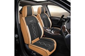 Huse auto premium 5 locuri Carguard Deluxe piele ecologică perforată și textil - maro caramel