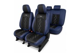 Huse auto premium 5 locuri Carguard Deluxe piele ecologică perforată și textil - negru - albastru închis