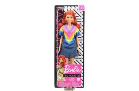 Papusa barbie fashionista roscata cu rochita curcubeu
