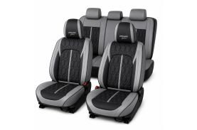 Huse auto premium 5 locuri Carguard Deluxe piele ecologică perforată - gri - negru