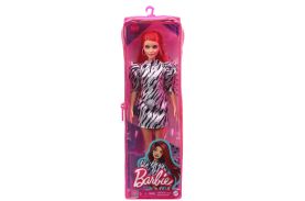 Papusa barbie fashionista roscata cu rochie cu umeri bufanti