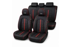 Huse auto premium 5 locuri Carguard Deluxe piele ecologică perforată - negru - rosu