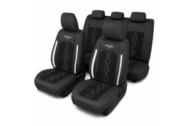 Huse auto premium 5 locuri Carguard Deluxe piele ecologică perforată și textil - negru - alb