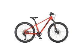 Bicicletă copii KTM Wild Speed Disc 24 inch, culoare oranj și negru, cadru aluminiu cu furcă suspendată Suntour și frâne hidraulice disc Tektro