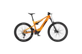 Bicicletă electrică KTM Macina Kapoho 8973 culoare portocaliu, full suspension cadru aluminiu 160mm, motor Bosch Performance CX 85Nm, roți DiMMiX 29 față 27.5 spate, vedere laterală
