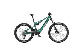 Bicicletă electrică KTM Macina Kapoho 8973 culoare verde, full suspension cadru aluminiu 160mm SLL, motor Bosch Performance CX 85Nm, roți DiMMiX 29 față 27.5 spate, vedere laterală