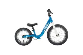 Bicicletă fără pedale KTM Wild Buddy 12 inch culoare albastru și alb, cadru aluminiu pentru copii activi 2-4 ani, vedere laterală