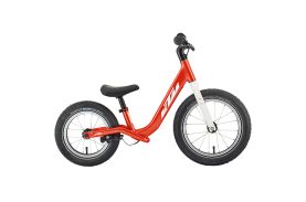 Bicicletă fără pedale KTM Wild Buddy 12 inch culoare oranj și alb, cadru aluminiu pentru copii 2-4 ani, vedere laterală