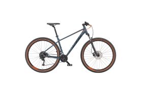 Bicicletă MTB KTM Chicago 291 culoare gri, roți 29 inch, cadru aluminiu hardtail cu furcă suspendată Suntour și frâne hidraulice disc, vedere laterală