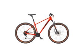 Bicicletă MTB KTM Chicago 291 culoare portocaliu, roți 29 inch, cadru aluminiu hardtail cu furcă suspendată Suntour, vedere laterală