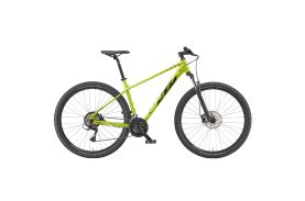 Bicicletă MTB KTM Chicago 292 culoare galben, roți 29 inch, cadru aluminiu hardtail cu furcă suspendată Suntour și frâne hidraulice disc Shimano, vedere laterală