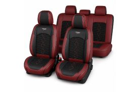 Huse auto premium 5 locuri Carguard Deluxe piele ecologică perforată și textil - roșu închis - negru