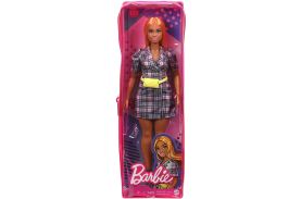 Papusa barbie fashionista cu rochie tip blazer roz in carouri