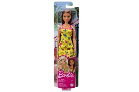 Barbie papusa clasica satena cu rochita galbena cu imprimeu cu fluturi