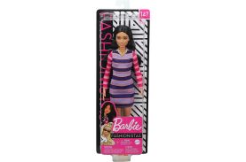Papusa barbie fashionista bruneta cu rochita cu dungi colorate