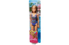 Papusa barbie blonda cu costum de baie cu model multicolor