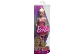 Barbie papusa barbie fashionista blonda cu parul prins in coada si rochie cu floricele