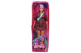 Papusa barbie fashionista cu parul mov si rochita cu stelute
