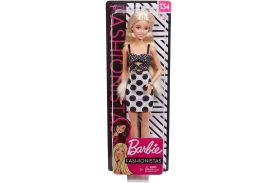 Papusa barbie fashionista cu rochita alb negru
